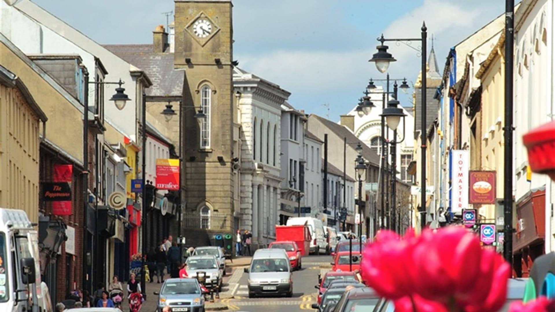 Ballymoney High Street with the Masonic Hall clock tower