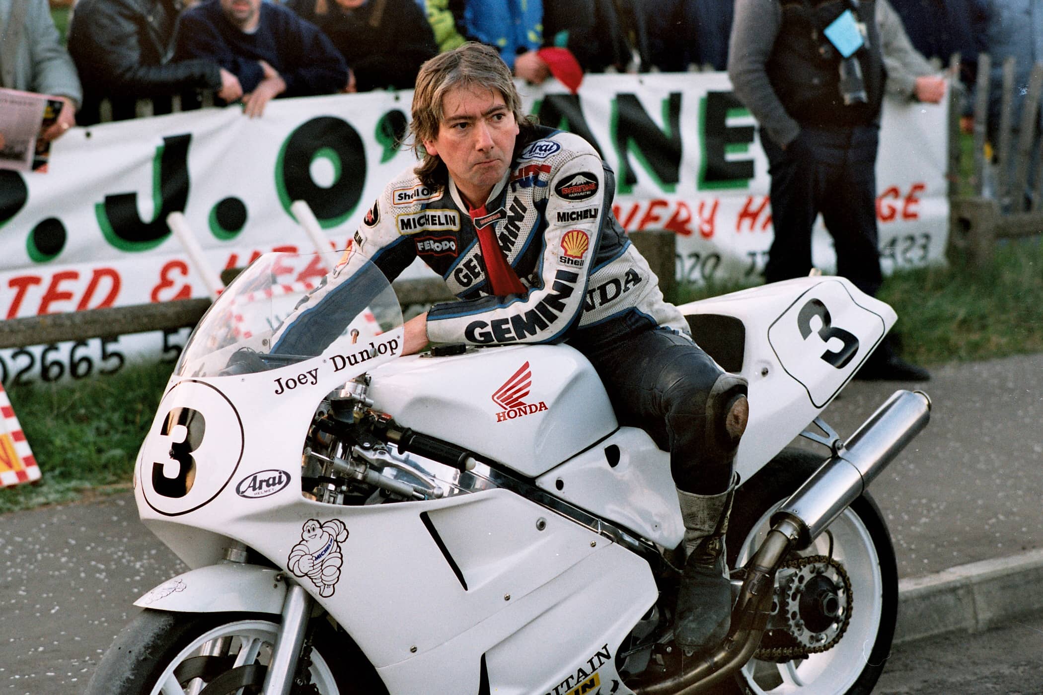 Joey Dunlop on his Honda at the Isle of Man TT, 1990